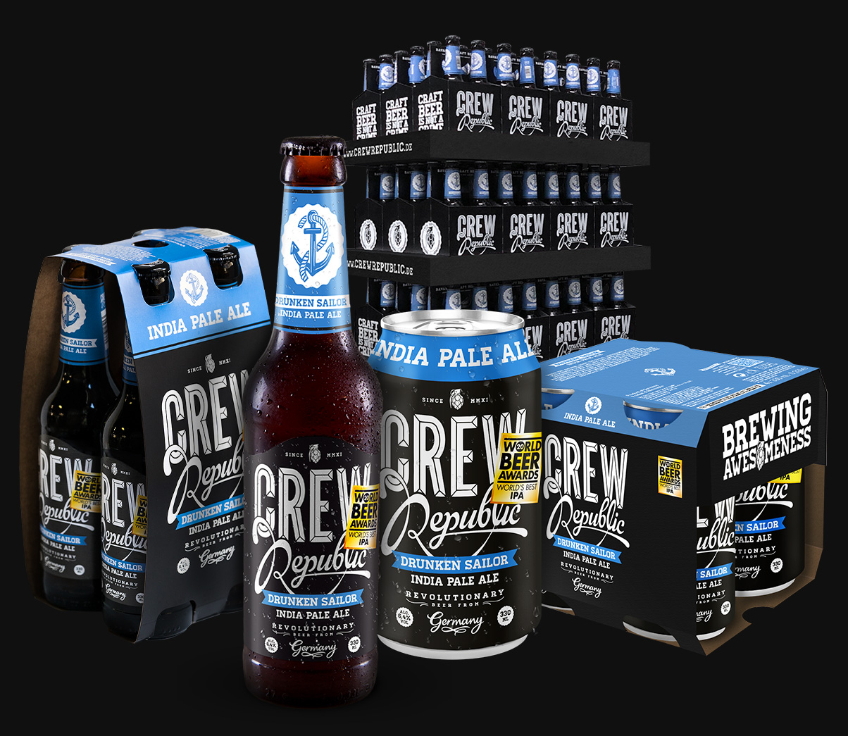 Eine Darstellung der verschiedenen Verpackungen des Biers von Crew Republic