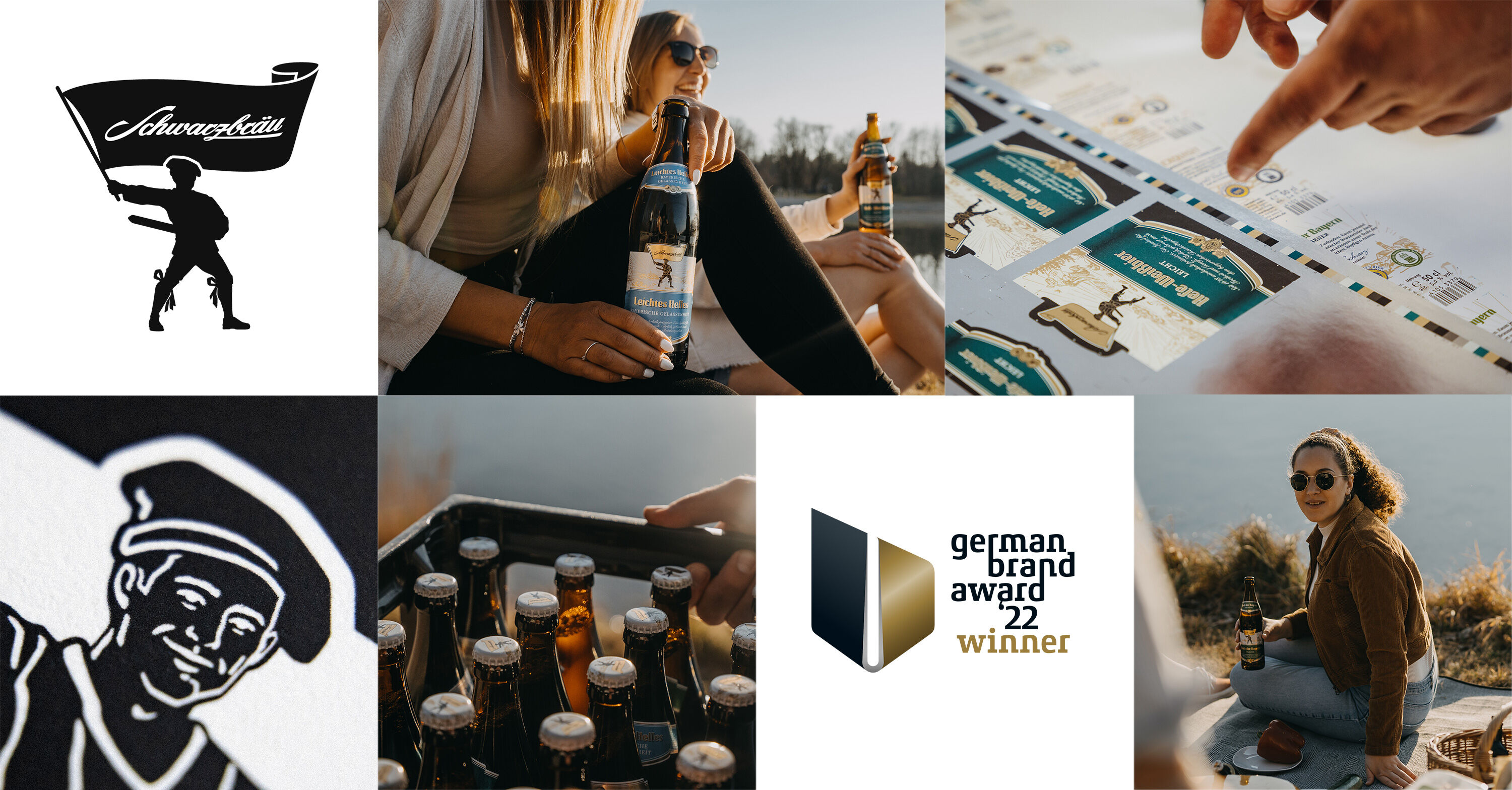 Eine Collage aus verschiedenen Elementen wie das Logo der Schwarzbraeu, Produktfotos von Bieren und eine Auszeichnung der German Brand Awards